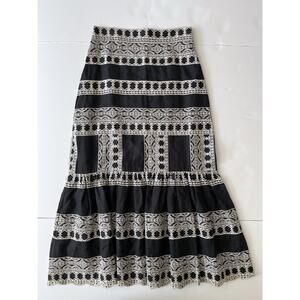 Zara Maxi Linen Blend Skirt S Black Embroidered Aztec Ruffled Western Cottage